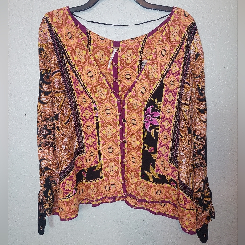 Free People Paisley and Geometric Blouse - Orange and Pink - Picture 5 of 8